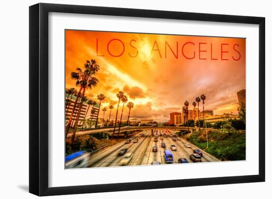 Los Angeles, California - Highway and Palms-Lantern Press-Framed Art Print