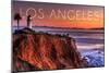 Los Angeles, California - Point Vincent Lighthouse and Sunset-Lantern Press-Mounted Art Print