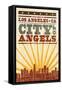 Los Angeles, California - Skyline and Sunburst Screenprint Style-Lantern Press-Framed Stretched Canvas