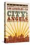 Los Angeles, California - Skyline and Sunburst Screenprint Style-Lantern Press-Stretched Canvas