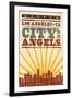 Los Angeles, California - Skyline and Sunburst Screenprint Style-Lantern Press-Framed Art Print