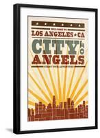 Los Angeles, California - Skyline and Sunburst Screenprint Style-Lantern Press-Framed Art Print