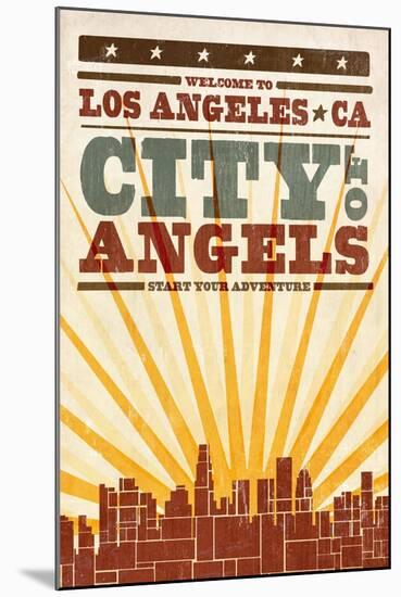Los Angeles, California - Skyline and Sunburst Screenprint Style-Lantern Press-Mounted Art Print