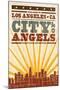 Los Angeles, California - Skyline and Sunburst Screenprint Style-Lantern Press-Mounted Art Print