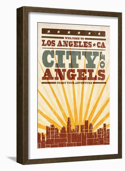 Los Angeles, California - Skyline and Sunburst Screenprint Style-Lantern Press-Framed Art Print