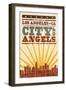 Los Angeles, California - Skyline and Sunburst Screenprint Style-Lantern Press-Framed Art Print