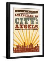 Los Angeles, California - Skyline and Sunburst Screenprint Style-Lantern Press-Framed Art Print