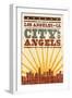 Los Angeles, California - Skyline and Sunburst Screenprint Style-Lantern Press-Framed Art Print