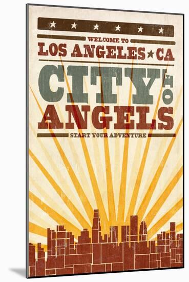 Los Angeles, California - Skyline and Sunburst Screenprint Style-Lantern Press-Mounted Art Print