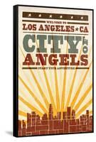 Los Angeles, California - Skyline and Sunburst Screenprint Style-Lantern Press-Framed Stretched Canvas