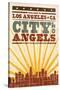 Los Angeles, California - Skyline and Sunburst Screenprint Style-Lantern Press-Stretched Canvas
