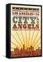 Los Angeles, California - Skyline and Sunburst Screenprint Style-Lantern Press-Framed Stretched Canvas