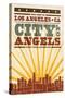 Los Angeles, California - Skyline and Sunburst Screenprint Style-Lantern Press-Stretched Canvas