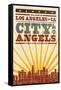 Los Angeles, California - Skyline and Sunburst Screenprint Style-Lantern Press-Framed Stretched Canvas