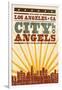 Los Angeles, California - Skyline and Sunburst Screenprint Style-Lantern Press-Framed Art Print