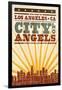 Los Angeles, California - Skyline and Sunburst Screenprint Style-Lantern Press-Framed Art Print