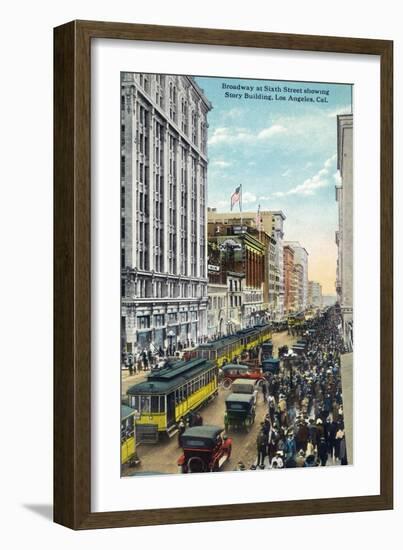 Los Angeles, California - Story Building View from Broadway and Sixth Street-Lantern Press-Framed Art Print