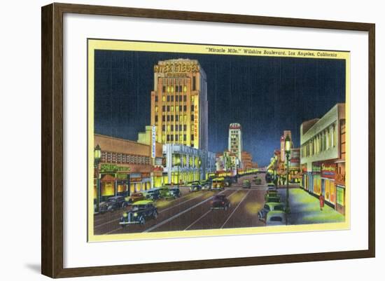 Los Angeles, California - View of Miracle Mile, Wilshire Blvd at Night-Lantern Press-Framed Art Print