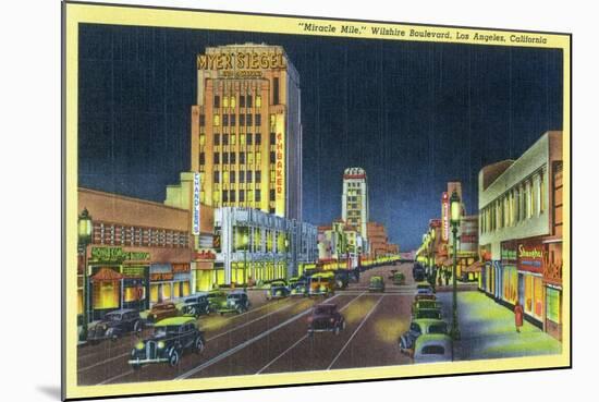 Los Angeles, California - View of Miracle Mile, Wilshire Blvd at Night-Lantern Press-Mounted Art Print