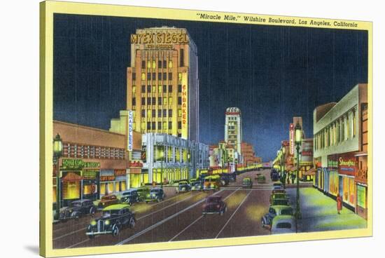 Los Angeles, California - View of Miracle Mile, Wilshire Blvd at Night-Lantern Press-Stretched Canvas