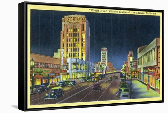 Los Angeles, California - View of Miracle Mile, Wilshire Blvd at Night-Lantern Press-Framed Stretched Canvas