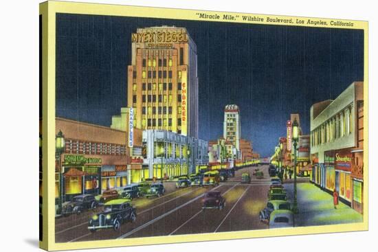 Los Angeles, California - View of Miracle Mile, Wilshire Blvd at Night-Lantern Press-Stretched Canvas