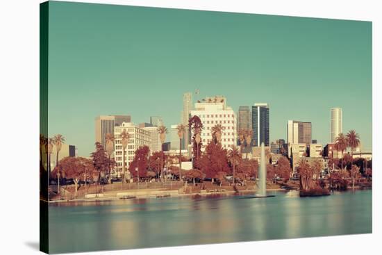 Los Angeles Downtown View from Park with Water Reflections.-Songquan Deng-Stretched Canvas