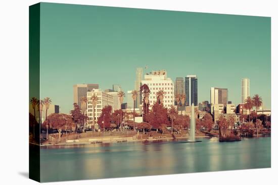 Los Angeles Downtown View from Park with Water Reflections.-Songquan Deng-Stretched Canvas