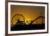 Los Angeles, Santa Monica, Ferris Wheel and Roller Coaster at Sunset-David Wall-Framed Photographic Print