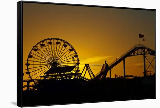 Los Angeles, Santa Monica, Ferris Wheel and Roller Coaster at Sunset-David Wall-Framed Stretched Canvas