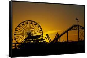 Los Angeles, Santa Monica, Ferris Wheel and Roller Coaster at Sunset-David Wall-Framed Stretched Canvas