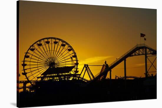 Los Angeles, Santa Monica, Ferris Wheel and Roller Coaster at Sunset-David Wall-Stretched Canvas