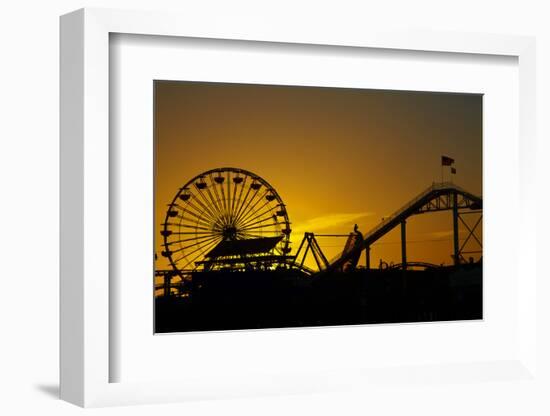 Los Angeles, Santa Monica, Ferris Wheel and Roller Coaster at Sunset-David Wall-Framed Photographic Print