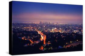 Los Angeles Skyline at Night, View from Hollywood Hills towards 101 Freeway and Downtown.-logoboom-Stretched Canvas