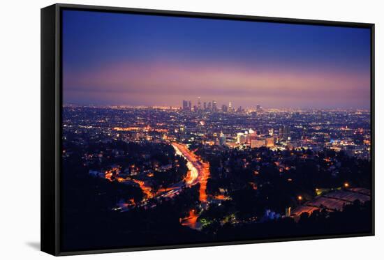 Los Angeles Skyline at Night, View from Hollywood Hills towards 101 Freeway and Downtown.-logoboom-Framed Stretched Canvas