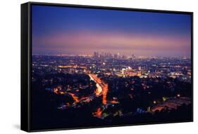 Los Angeles Skyline at Night, View from Hollywood Hills towards 101 Freeway and Downtown.-logoboom-Framed Stretched Canvas