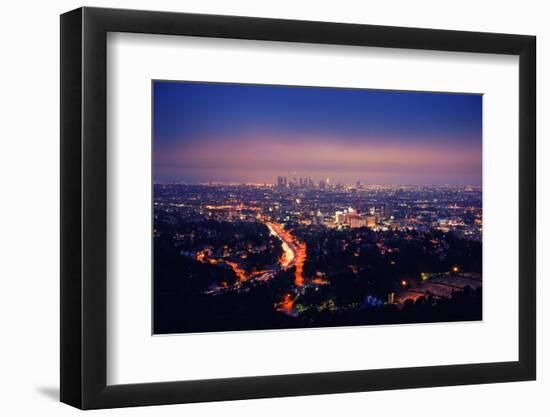 Los Angeles Skyline at Night, View from Hollywood Hills towards 101 Freeway and Downtown.-logoboom-Framed Photographic Print