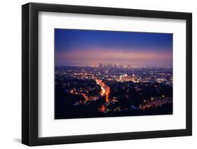 Los Angeles Skyline at Night, View from Hollywood Hills towards 101 Freeway and Downtown.-logoboom-Framed Photographic Print