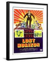 LOST HORIZON, top center: Ronald Colman, bottom left: Ronald Colman on window card, 1937.-null-Framed Art Print