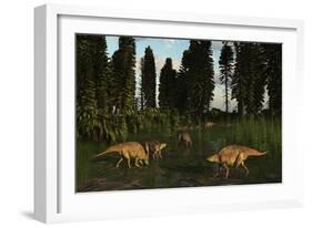 Lotosaurus Reptiles Dig for Clams in a Tidal Swamp-Stocktrek Images-Framed Art Print