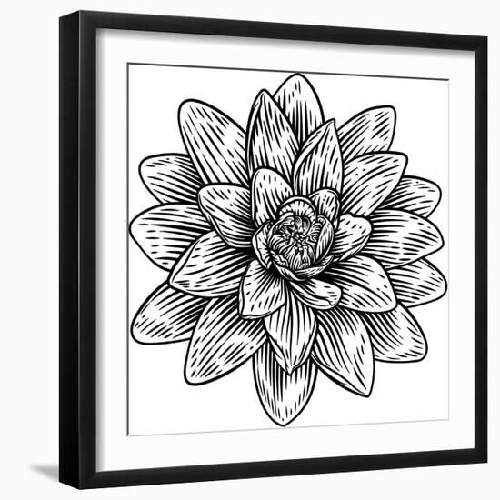 Lotus Flower Woodcut Water Lilly Engraved Etching-ChrisGorgio-Framed Photographic Print