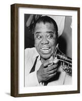 Louis Armstrong, African American Jazz Musician, with His Trademark Smile and Trumpet, 1953-null-Framed Photo