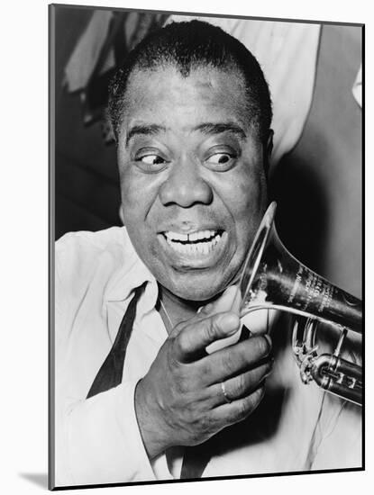 Louis Armstrong, African American Jazz Musician, with His Trademark Smile and Trumpet, 1953-null-Mounted Photo