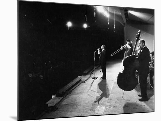 Louis Armstrong Performing at the Monterey Jazz Festival-null-Mounted Premium Photographic Print