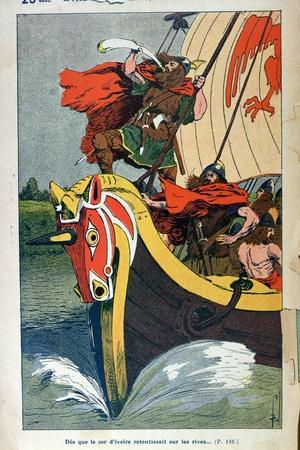 Viking Blowing the Horn on a Longship as it Approaches the Norse Coast