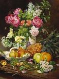 Roses in a Vase, Pears in a Porcelain Bowl and Fruit on an Oak Table-Louis Marie De Schryver-Framed Stretched Canvas