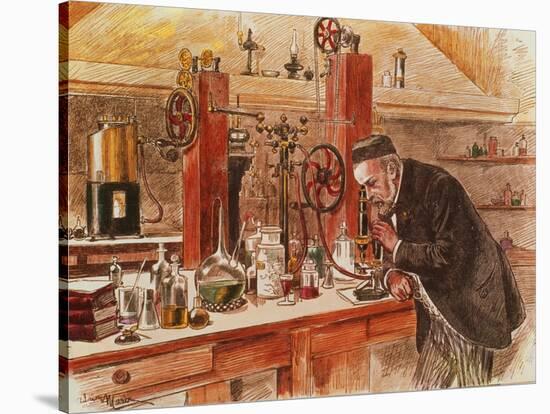 Louis Pasteur Experimenting for the Cure of Hydrophobia in His Laboratory, c. 1885, Pub. c. 1895-Adrien Emmanuel Marie-Stretched Canvas