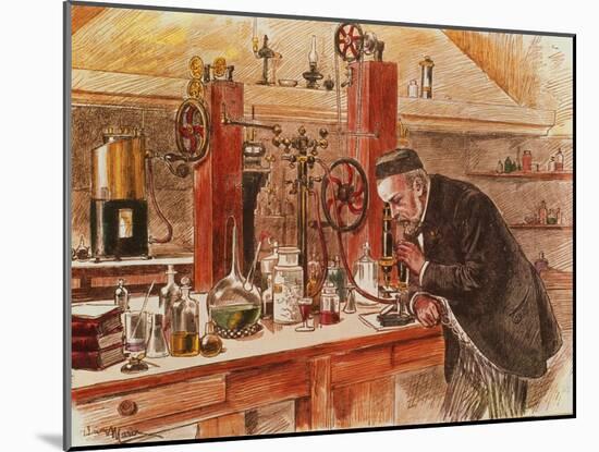 Louis Pasteur Experimenting for the Cure of Hydrophobia in His Laboratory, c. 1885, Pub. c. 1895-Adrien Emmanuel Marie-Mounted Giclee Print