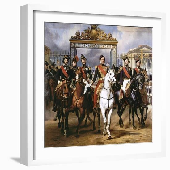 Louis Philippe Und Seine Soehne Zu Pferde Beim Verlassen Von Schloss Versailles-Horace Vernet-Framed Giclee Print