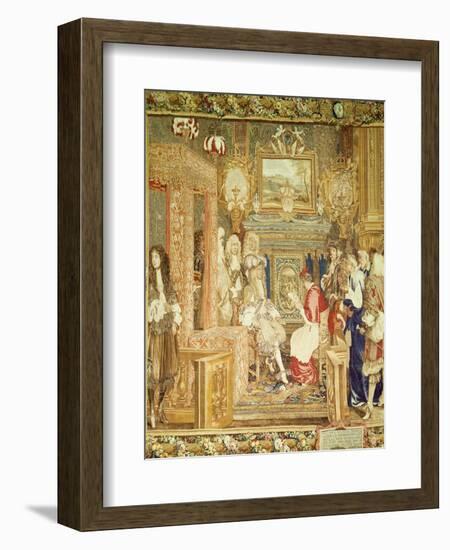 Louis XIV (1638-1715) Receiving the Papal Legate at Fontainebleau, Detail from a Gobelins Tapestry-Charles Le Brun-Framed Giclee Print